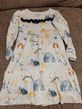 Kids Long Sleeve Rainbow Print Dress - White with Pastel Accents